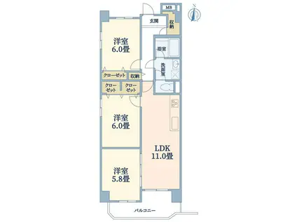 夙川ビューハイツA棟(3LDK/7階)の間取り写真