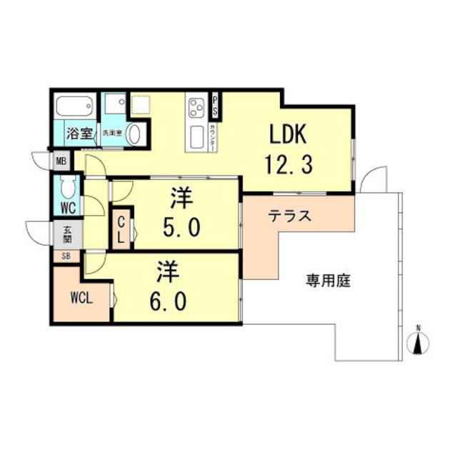 ワコーレヴィータKOBE湊川(2LDK/1階)の間取り写真