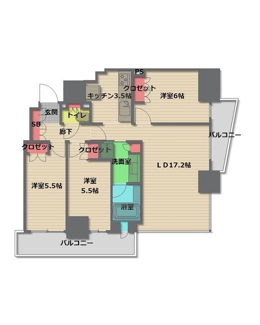 リバーガーデンタワー上町台筆ヶ崎(3LDK/26階)の間取り写真
