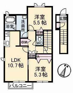 リアンB棟(2LDK/2階)の間取り写真