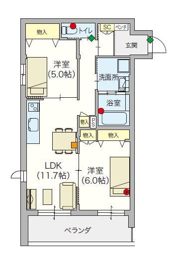 シニア限定 ヘーベルVILLAGE 藤沢本町 ヘーベルヴィレッジ藤沢(2LDK/5階)の間取り写真