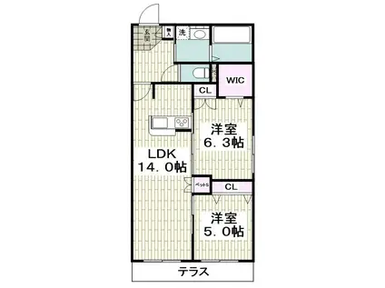 ベルビウ 中海岸(2LDK/1階)の間取り写真