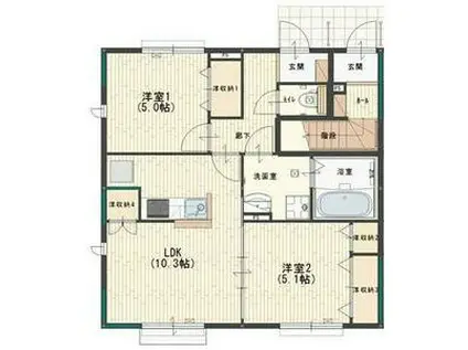 カーサ・デルソ―レKHK A棟(2LDK/1階)の間取り写真