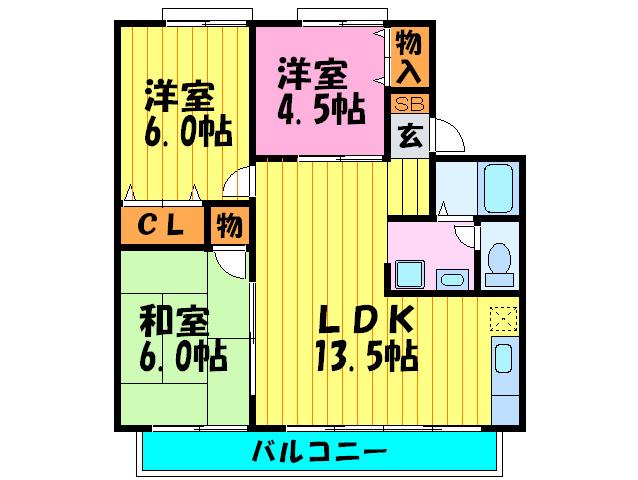 グリーンバレー B棟(3LDK/1階)の間取り写真