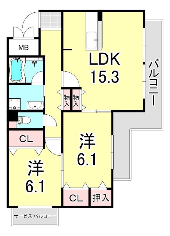 フロレアール潮江(2LDK/3階)の間取り写真