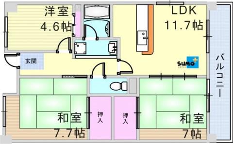 シティハイツ鈴蘭台(3LDK/3階)の間取り写真