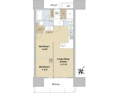 シティタワー駒沢大学ステーションコート タワー棟(2LDK/13階)の間取り写真