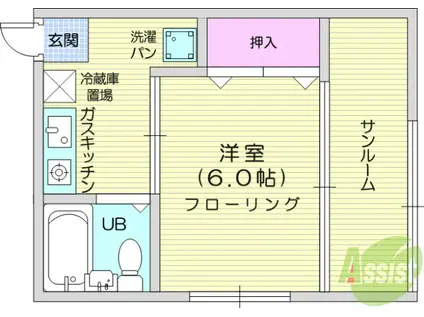 仙台市地下鉄東西線 大町西公園駅 徒歩15分 3階建 築46年(1K/2階)の間取り写真