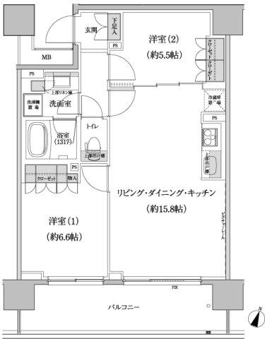 パークハビオ渋谷本町レジデンス(2LDK/4階)の間取り写真