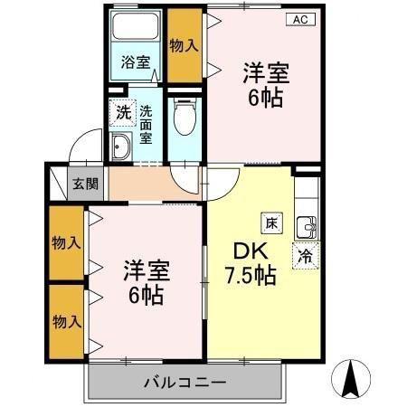 ラ・フルールA棟(2DK/1階)の間取り写真