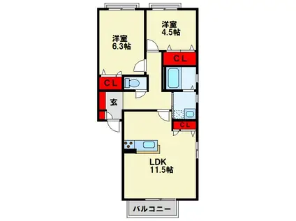 フェリーチェ学研台II B棟(2LDK/1階)の間取り写真