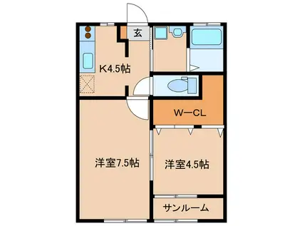 ユニヴェール B棟(2K/1階)の間取り写真