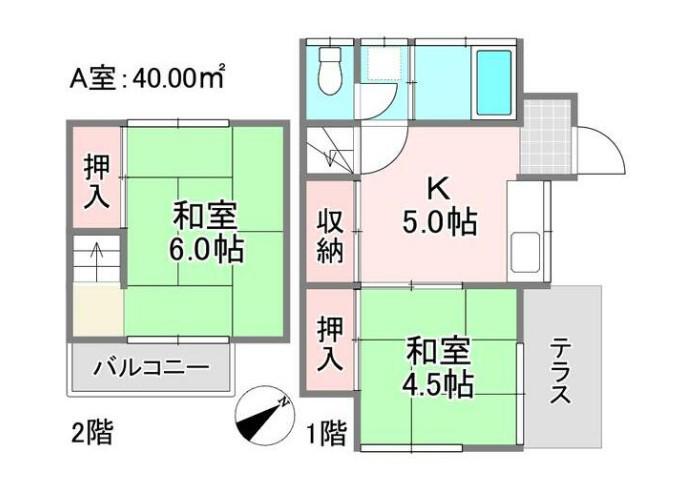 東武伊勢崎線 新田駅(埼玉) 徒歩15分 2階建 築49年(2K/1階)の間取り写真