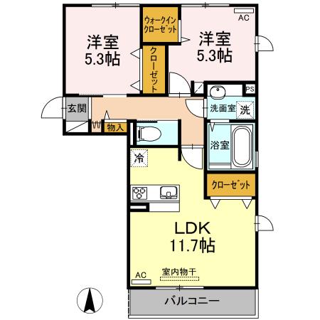ヴィクトワール健軍(2LDK/2階)の間取り写真