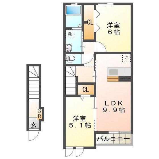 ラフレシール高茶屋(2LDK/2階)の間取り写真