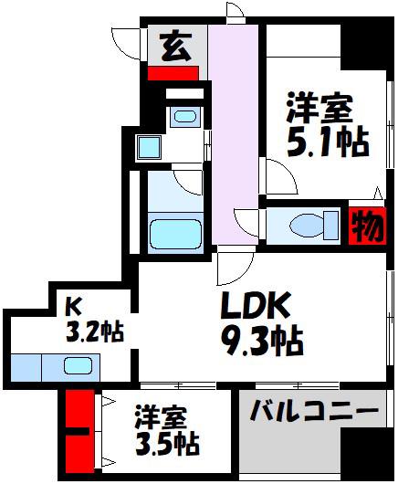 アメックス博多 県庁前(2LDK/3階)の間取り写真