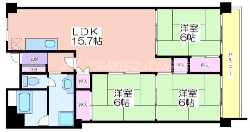 大阪マリンハイツ1号館(3LDK/4階)の間取り写真