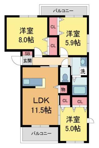 シャーメゾン廣田(3LDK/1階)の間取り写真