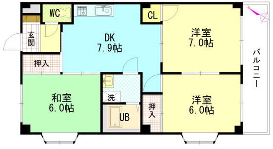 セントラルリバーC棟(3DK/2階)の間取り写真