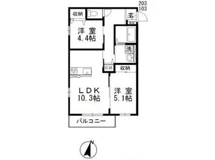 ウィズハイムMIYUKI II(2LDK/1階)の間取り写真