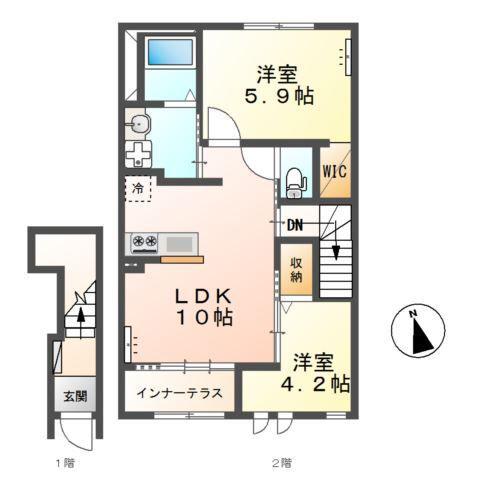 東武宇都宮線 国谷駅 徒歩7分 2階建 築1年(2LDK/2階)の間取り写真