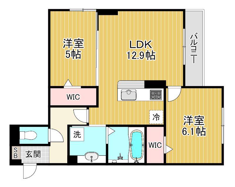 栗東市綣9丁目共同(2LDK/3階)の間取り写真