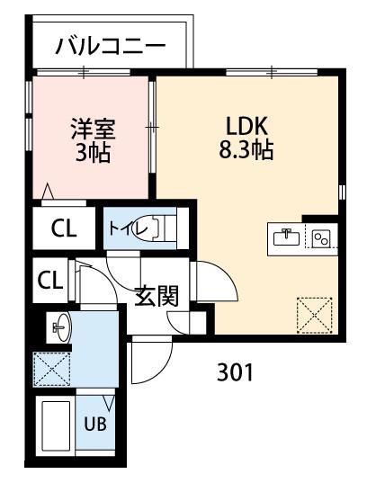 CRECIA花咲(1LDK/3階)の間取り写真