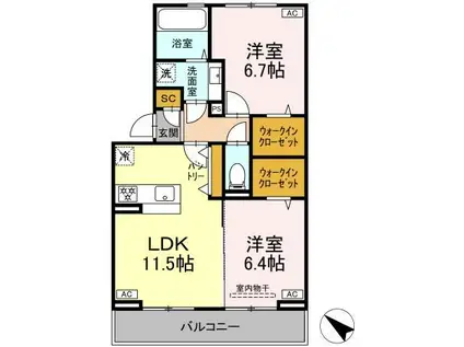 シャイングレイス(2LDK/1階)の間取り写真