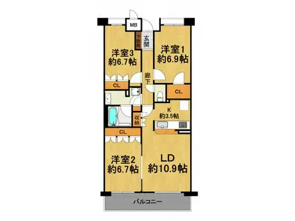 甲子園六石町ハイツ(3LDK/3階)の間取り写真