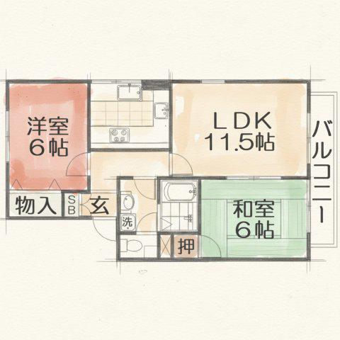ラルゴ田原台A・B棟(2LDK/2階)の間取り写真