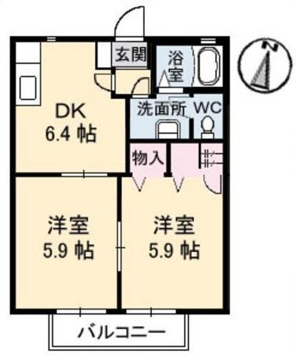カムフォートヒルズ沖 A棟(2DK/2階)の間取り写真