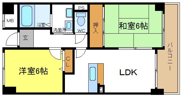 ラシーヌK(2LDK/6階)の間取り写真