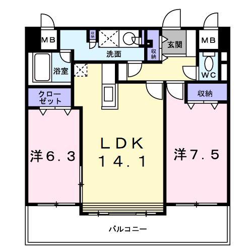 ツインタワー弐番館(2LDK/9階)の間取り写真