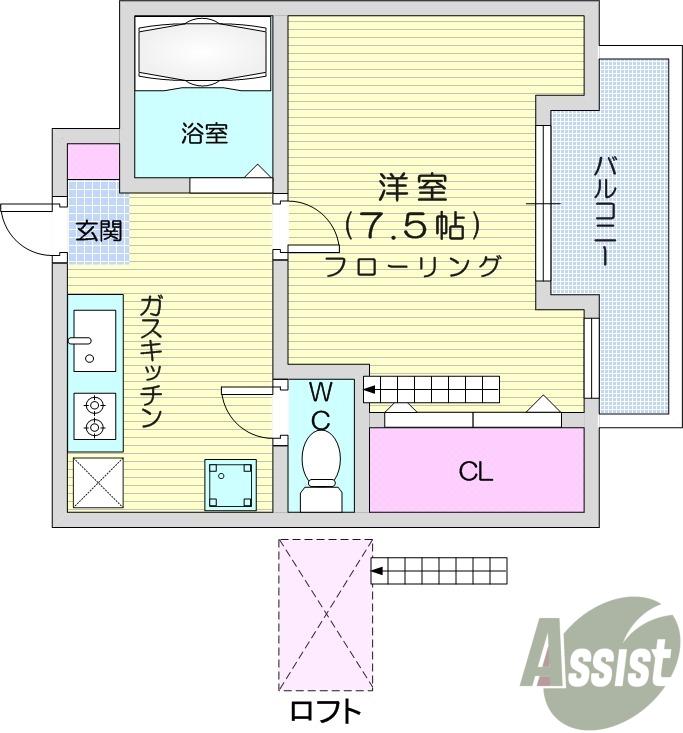 ノーブルカーサ原町(1K/1階)の間取り写真