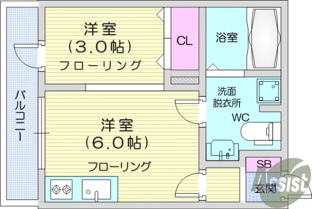 メリディアン国見壱番館(ワンルーム/2階)の間取り写真