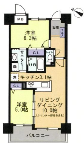 アルファフレシア下松駅前(2LDK/2階)の間取り写真