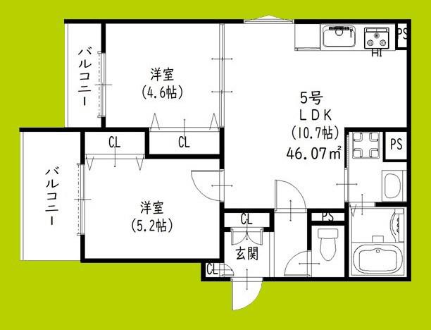 クリエオーレ秦町(2LDK/3階)の間取り写真