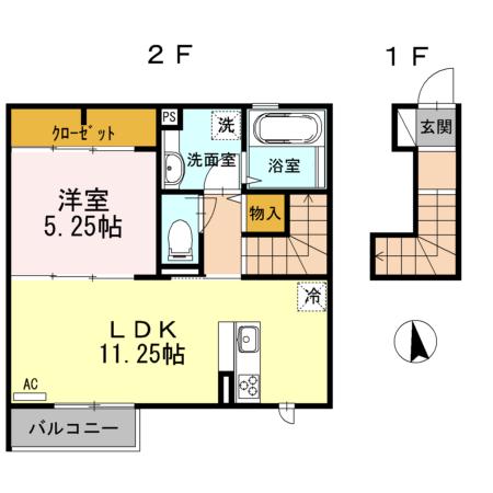 プロムナード アンドゥ ドゥ(1LDK/2階)の間取り写真