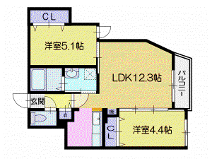 サリーレ新札幌B(2LDK/3階)の間取り写真