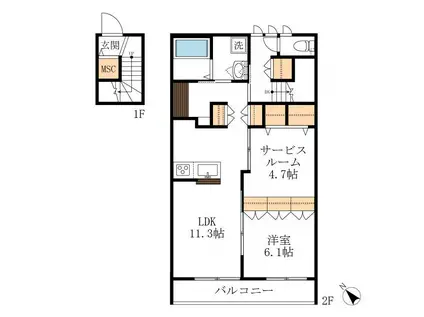 グレイス勝田台 西棟(1SLDK/2階)の間取り写真