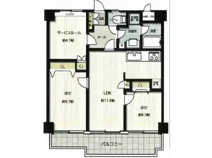 グランツ国立(2SLDK/2階)の間取り写真