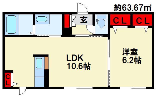 レクシオ明治  B棟(1LDK/1階)の間取り写真