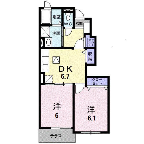 プラッツ渡里C(2DK/1階)の間取り写真