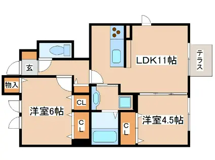 アンソレイエ ファミーユ B棟(2LDK/1階)の間取り写真
