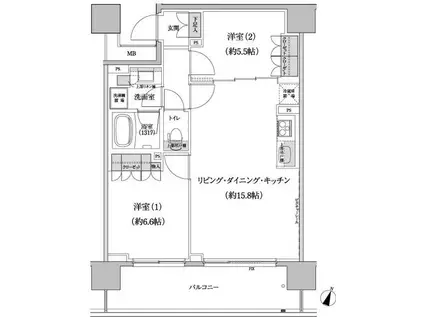 パークハビオ渋谷本町レジデンス(2LDK/2階)の間取り写真