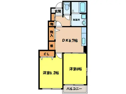 コンフォートヴィラ旭原II号棟(2DK/1階)の間取り写真