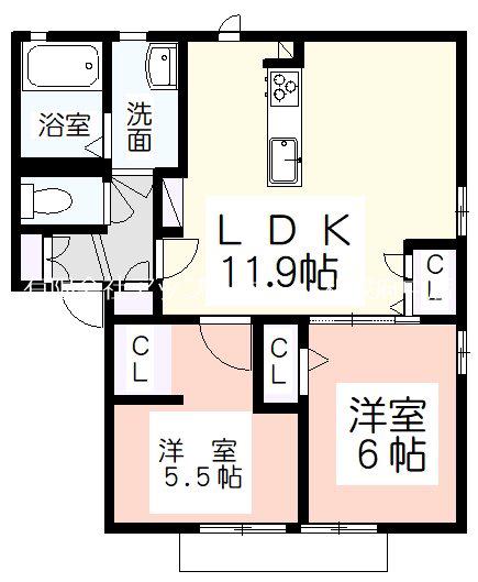 サンライフ和気C棟(2LDK/1階)の間取り写真
