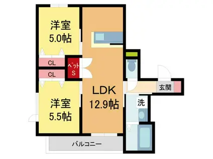 フロレゾン夙川(2LDK/2階)の間取り写真