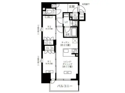 K-COURT谷町四丁目(2LDK/14階)の間取り写真
