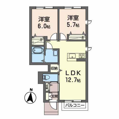 アヴニール愛子 B棟(2LDK/1階)の間取り写真